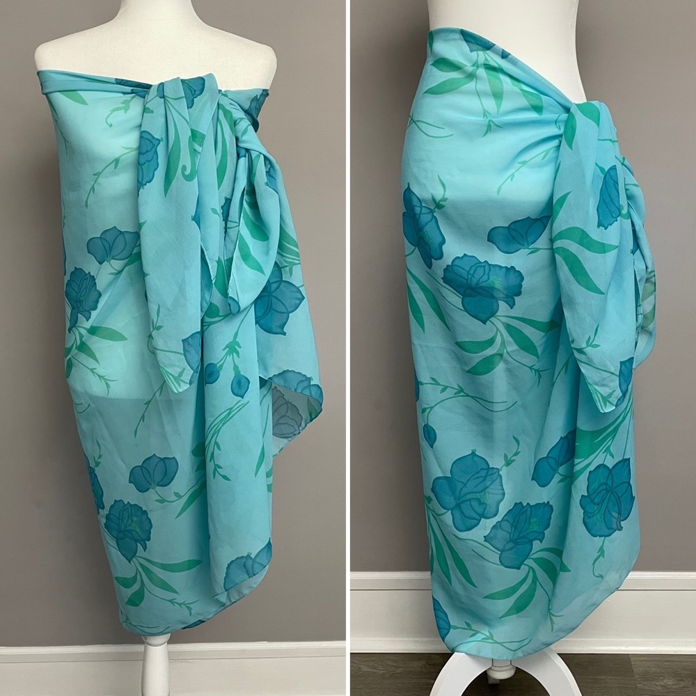Symphony Designs Aqua, Teal, & Green Floral Sheer Sarong/Wrap/Scarf